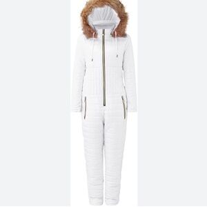 White Ski Jumpsuit with Quilted Design and Faux Fur Hood Size Medium
